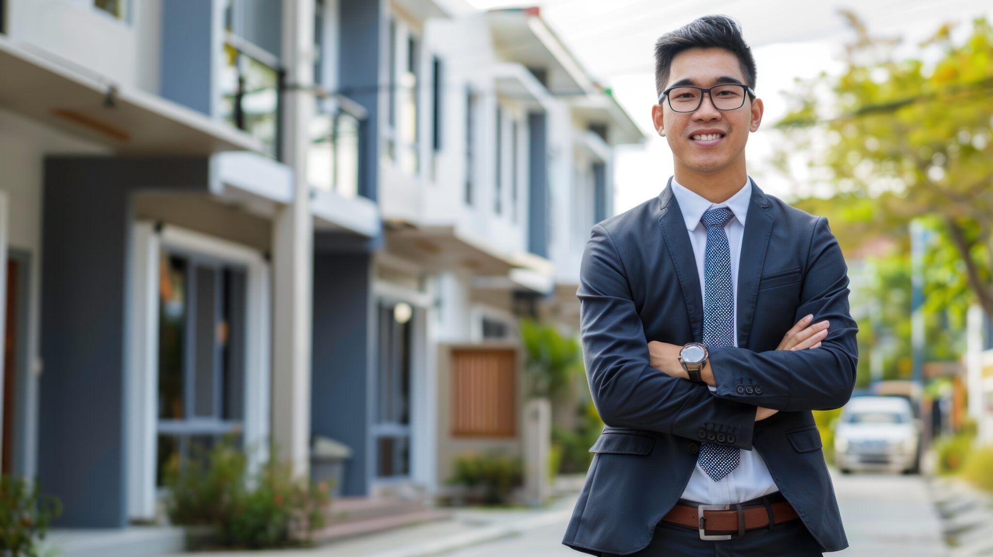 A successful real estate investor standing in front of multiple properties