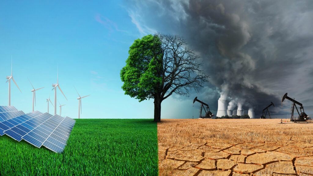 Alternative energy, concept. Green field with solar panel, windmills, grass and tree on a sunny day. Desert dead field with oil rig, pipes and factory with smoke. Global warming and climate change